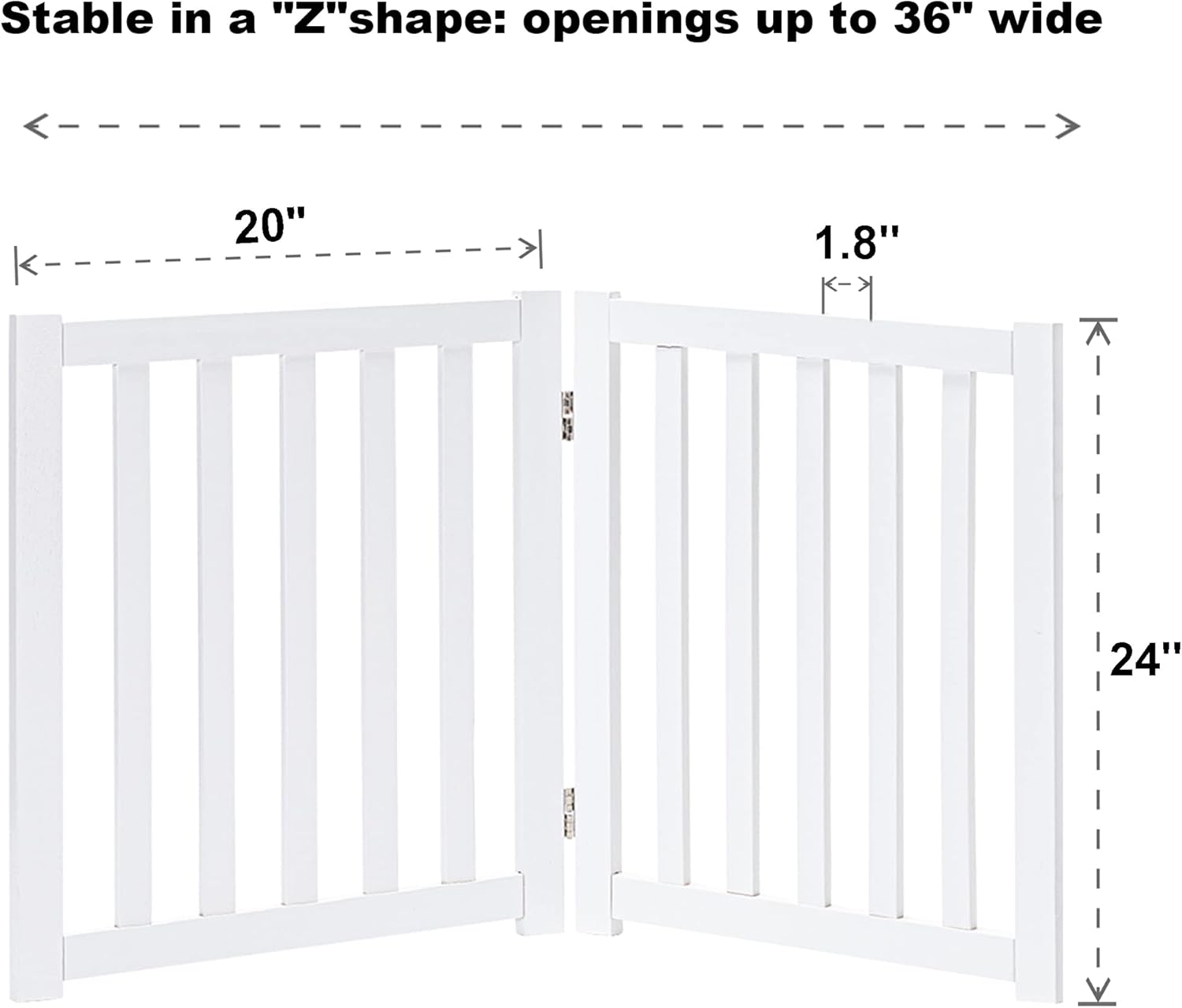 2-Panel Wooden Free Standing Foldable Dog Gate Indoor – Solid Hardwood 24" High, Step-Over Safety Pet Gate for Doorways, Stairs & Small Spaces - Indoor Use, White
