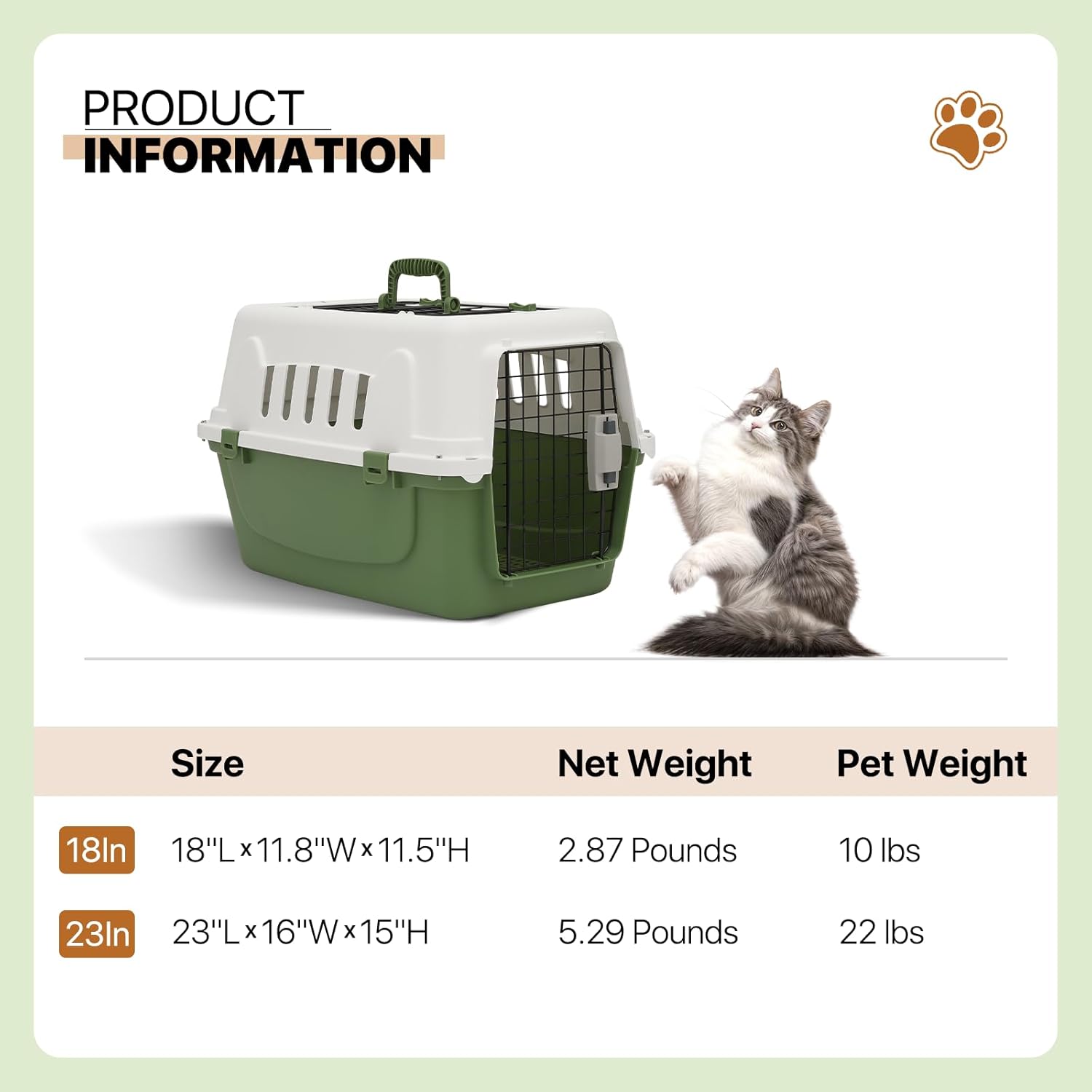 22" Hard-Sided Travel Pet Carrier for Small Dogs and Cats, Plastic Dog Crate with 2-Door Top & Front Load, Ventilation, Security Lock, Cat Dog Carrier for Pet, up to 22lbs, Green