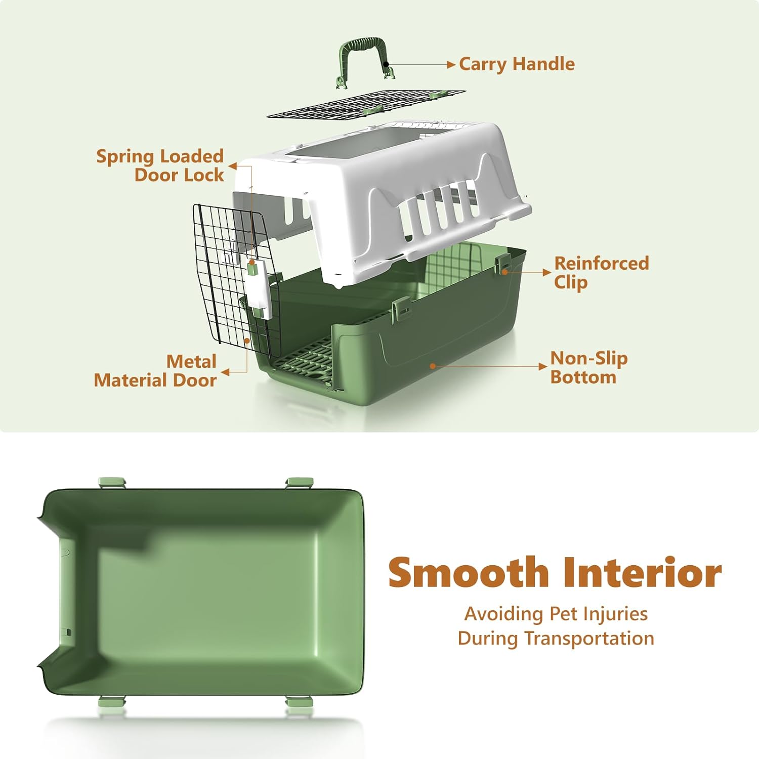 22" Hard-Sided Travel Pet Carrier for Small Dogs and Cats, Plastic Dog Crate with 2-Door Top & Front Load, Ventilation, Security Lock, Cat Dog Carrier for Pet, up to 22lbs, Green