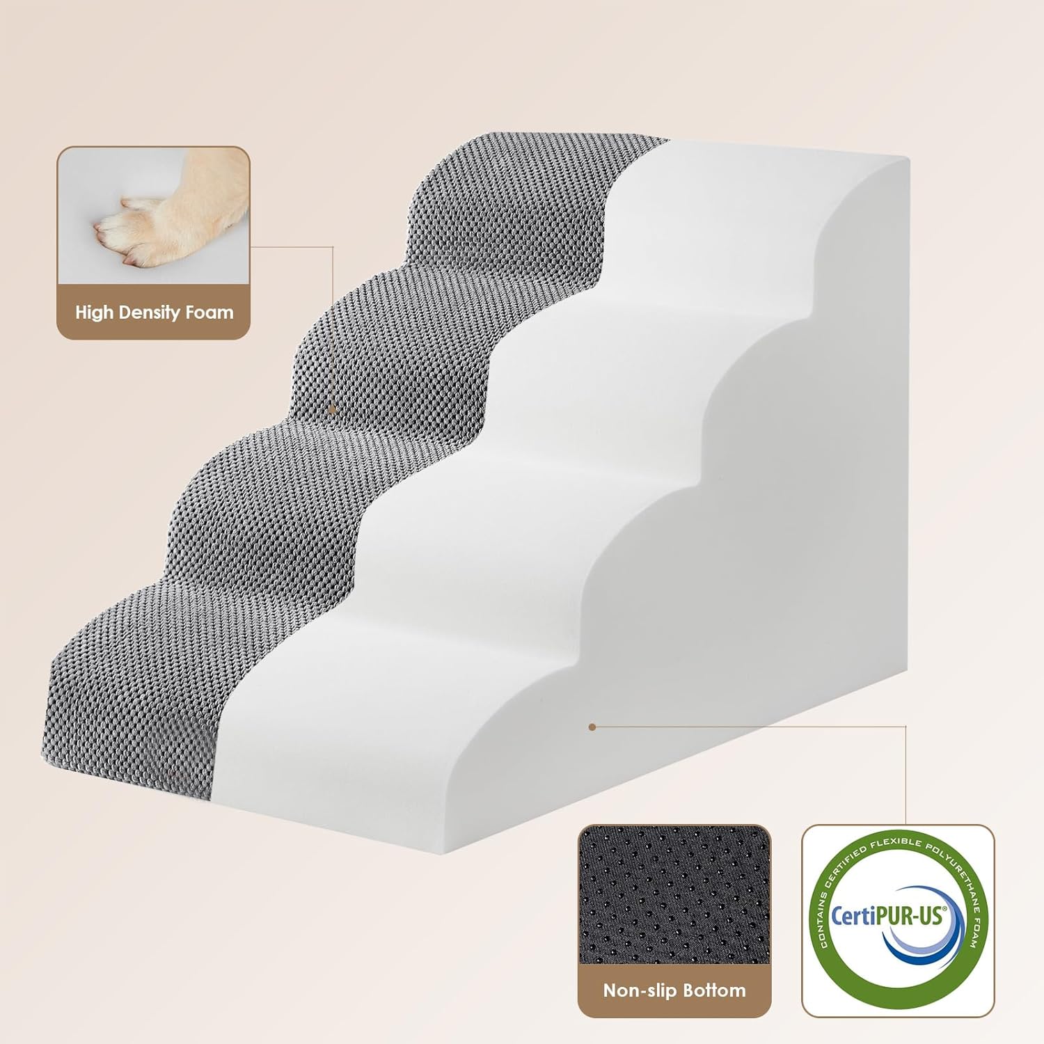 Curved Dog Stairs Ramp for High Beds 19.7" H, 4-Step Dog Steps for Small Dogs and Cats, Pet Stairs for High Bed Climbing, Non-Slip Balanced Pet Step Indoor, Grey