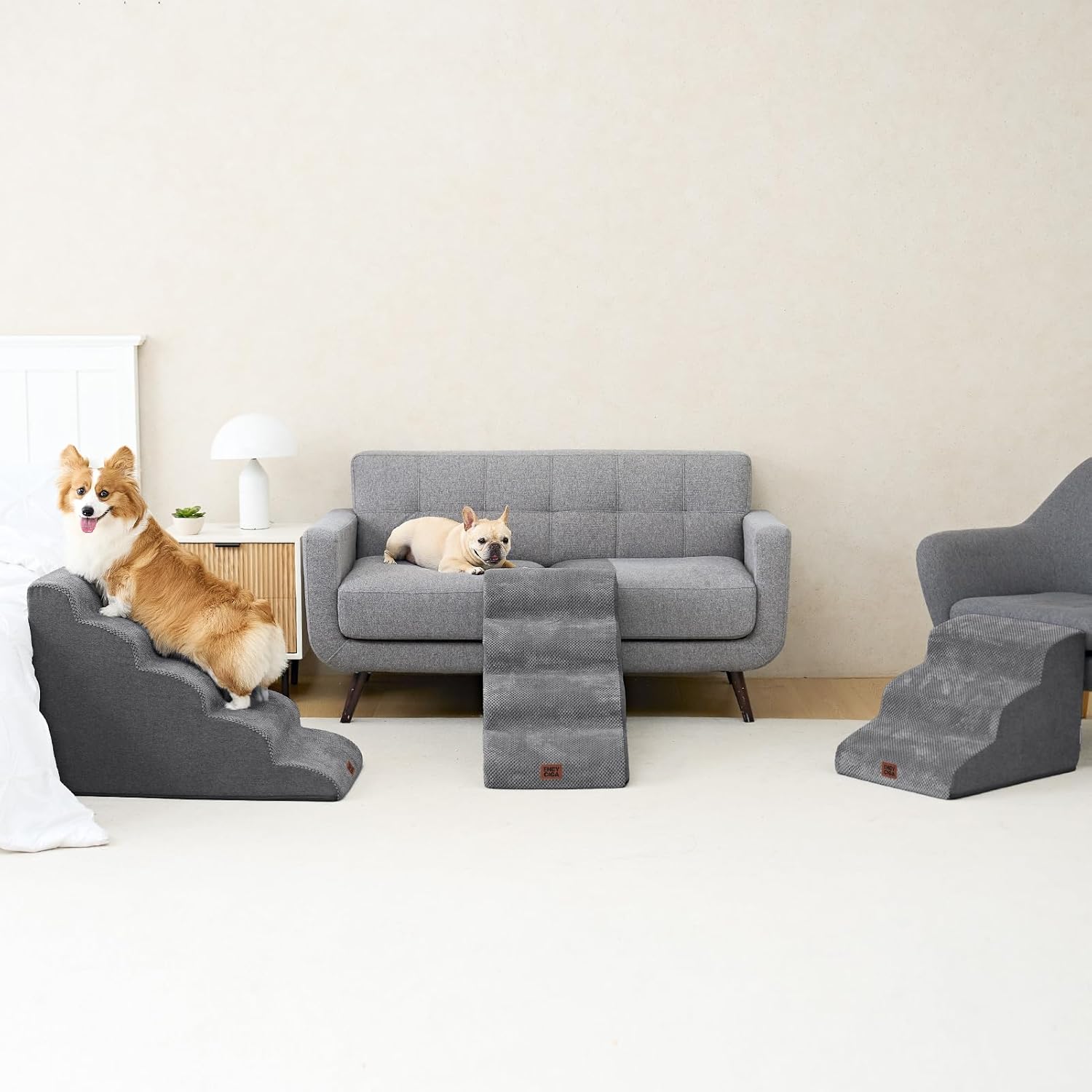 Curved Dog Stairs Ramp for High Beds 19.7" H, 4-Step Dog Steps for Small Dogs and Cats, Pet Stairs for High Bed Climbing, Non-Slip Balanced Pet Step Indoor, Grey