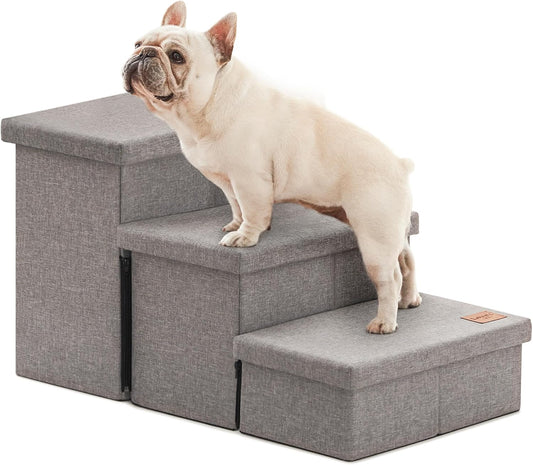 Dog Stairs for High Bed 18" H, Foldable Pet Stairs for Small Medium or Large Dogs Puppy with Storage for Bed or Couch, Cat Dog Steps Ramp with Zip up to 200 lbs, Solid Grey, 3 Steps