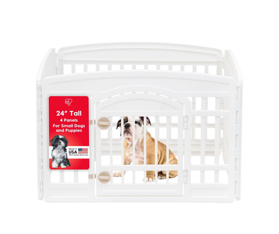 24" Dog Playpen 4-Panel Pet Exercise Pen with Door Gate 35 x 35 x 24 Puppy Play Pen Indoor Outdoor Plastic Foldable Portable Pet Fence for Small Medium Dogs Puppies Multiple Pets White